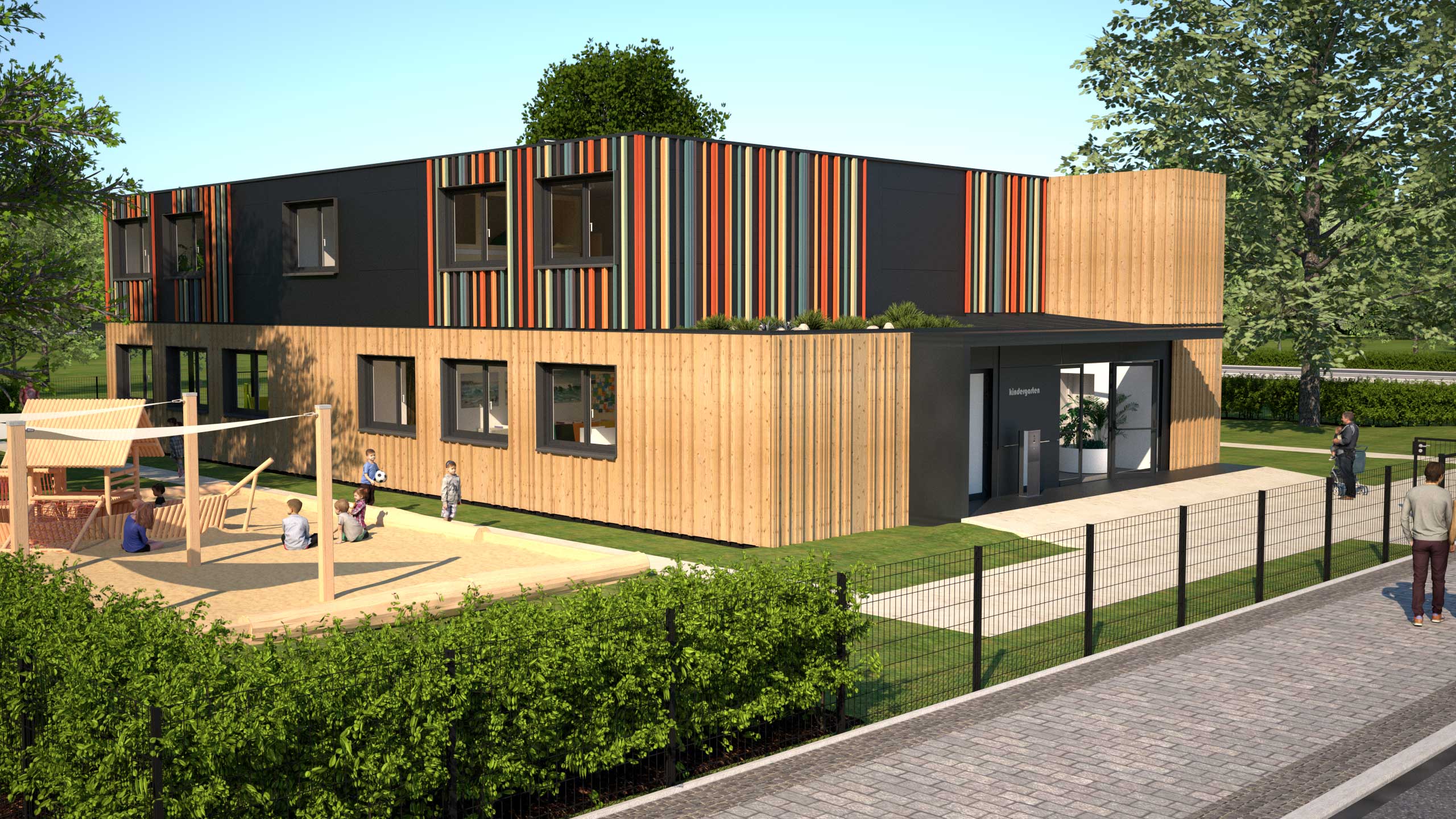 Kindergartengebäude mit gesichertem Eingang